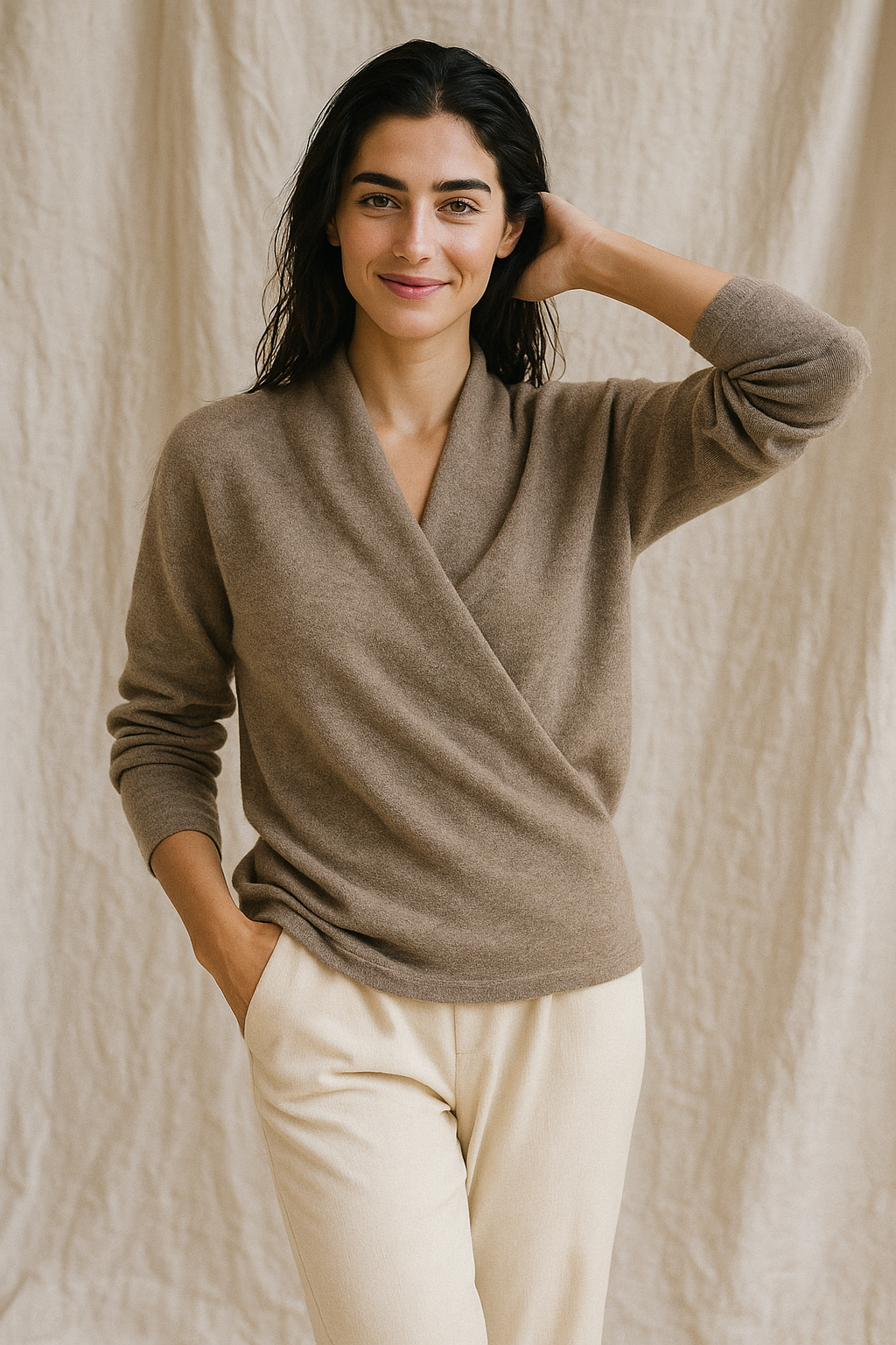 V-Neck Wrap Sweater in Soft Cashmere Knit with Relaxed Minimalist Fit for Effortless Layering