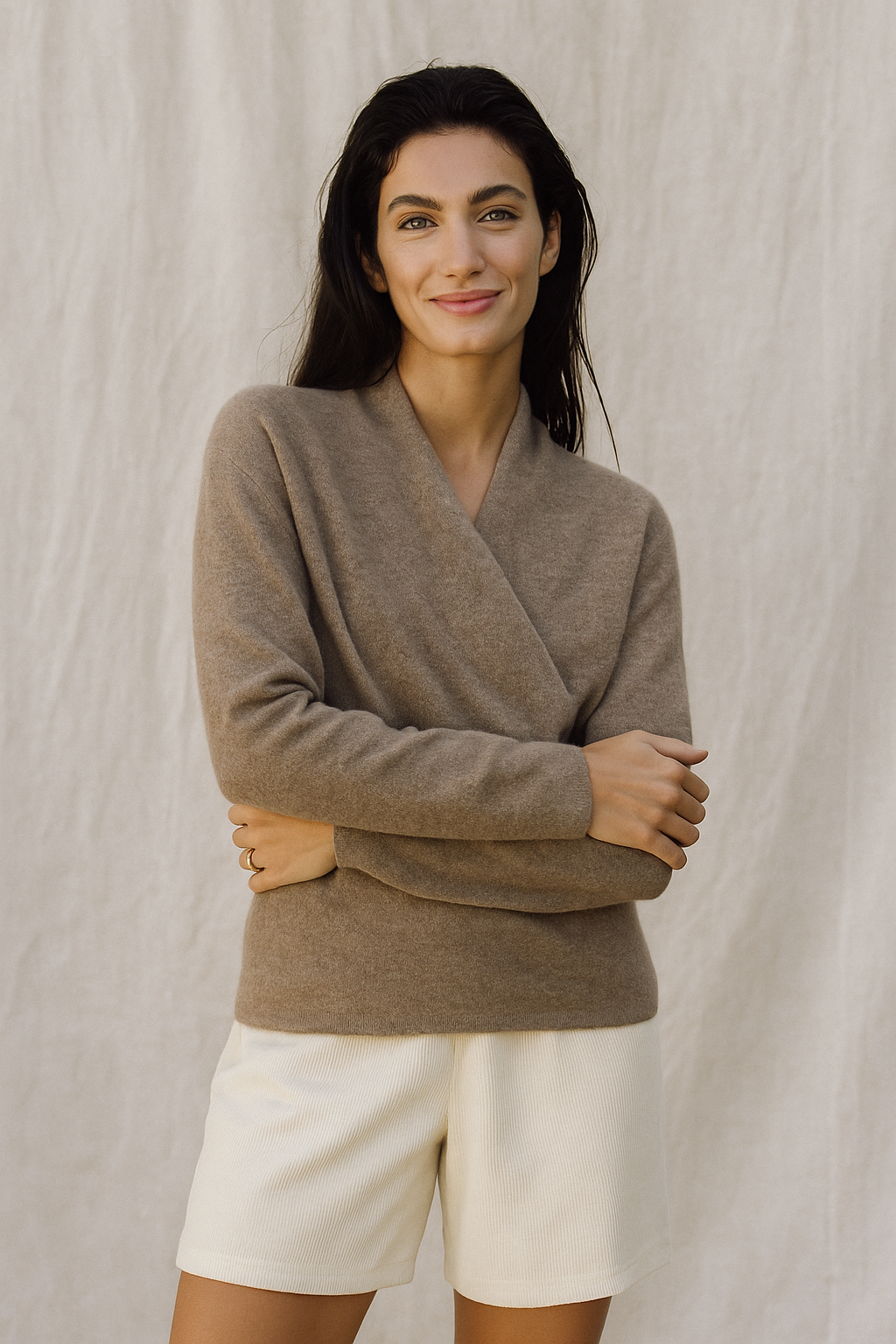 V-Neck Wrap Sweater in Soft Cashmere Knit with Relaxed Minimalist Fit for Effortless Layering