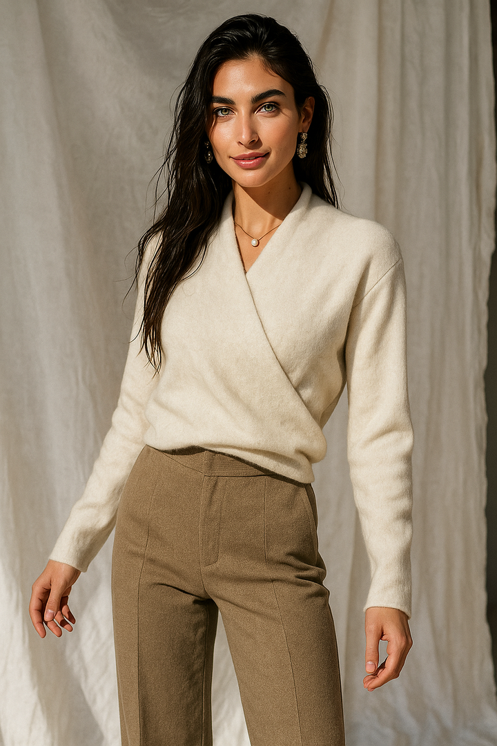 V-Neck Wrap Sweater in Soft Cashmere Knit with Relaxed Minimalist Fit for Effortless Layering