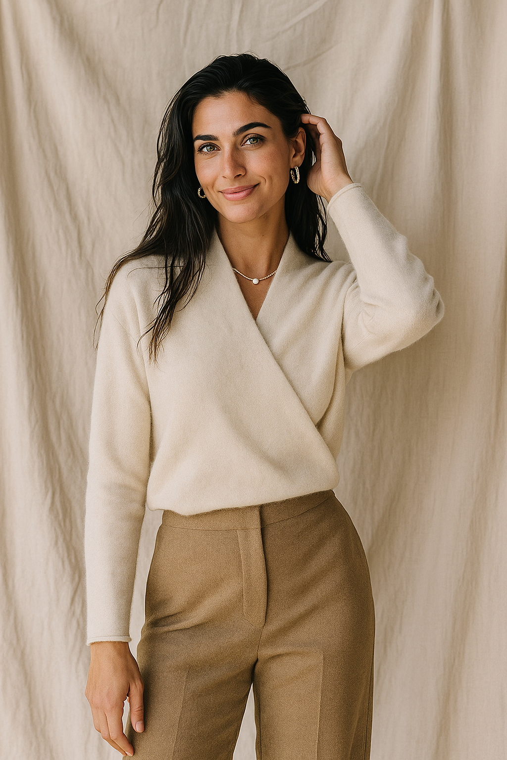 V-Neck Wrap Sweater in Soft Cashmere Knit with Relaxed Minimalist Fit for Effortless Layering