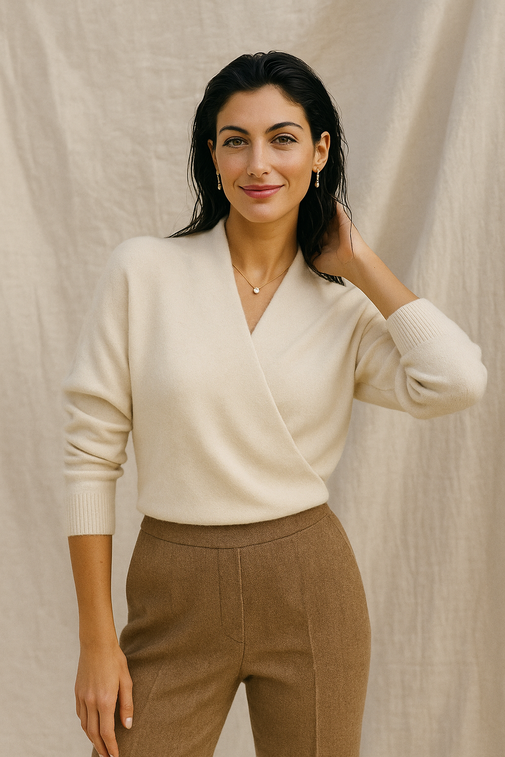 V-Neck Wrap Sweater in Soft Cashmere Knit with Relaxed Minimalist Fit for Effortless Layering
