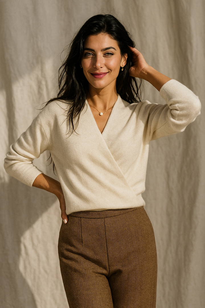 V-Neck Wrap Sweater in Soft Cashmere Knit with Relaxed Minimalist Fit for Effortless Layering