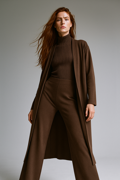 Three-Piece Knit Lounge Set with Ribbed High-Neck Sweater, Wide-Leg Pants, and Open Cardigan