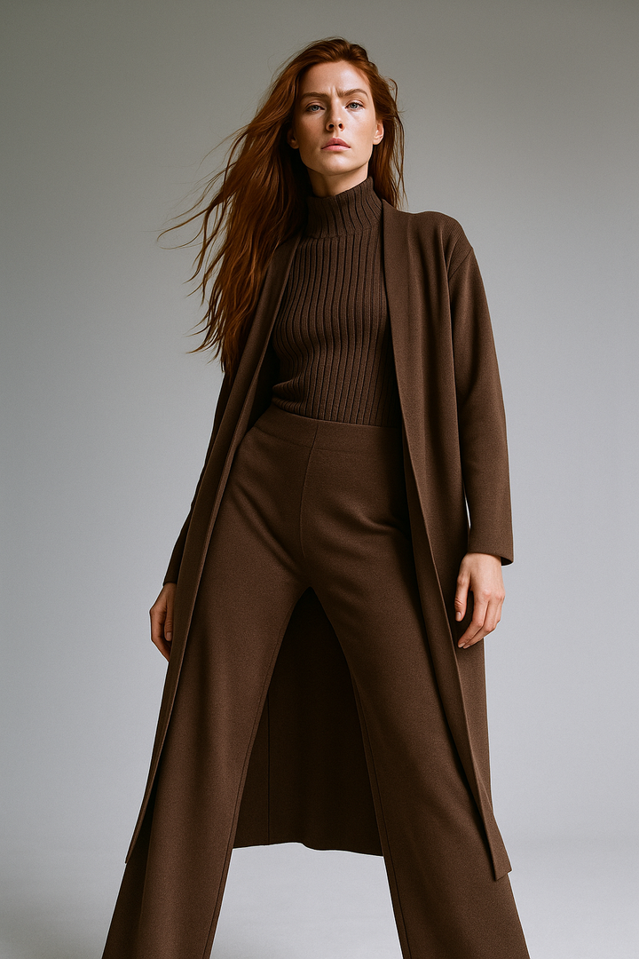 Three-Piece Knit Lounge Set with Ribbed High-Neck Sweater, Wide-Leg Pants, and Open Cardigan