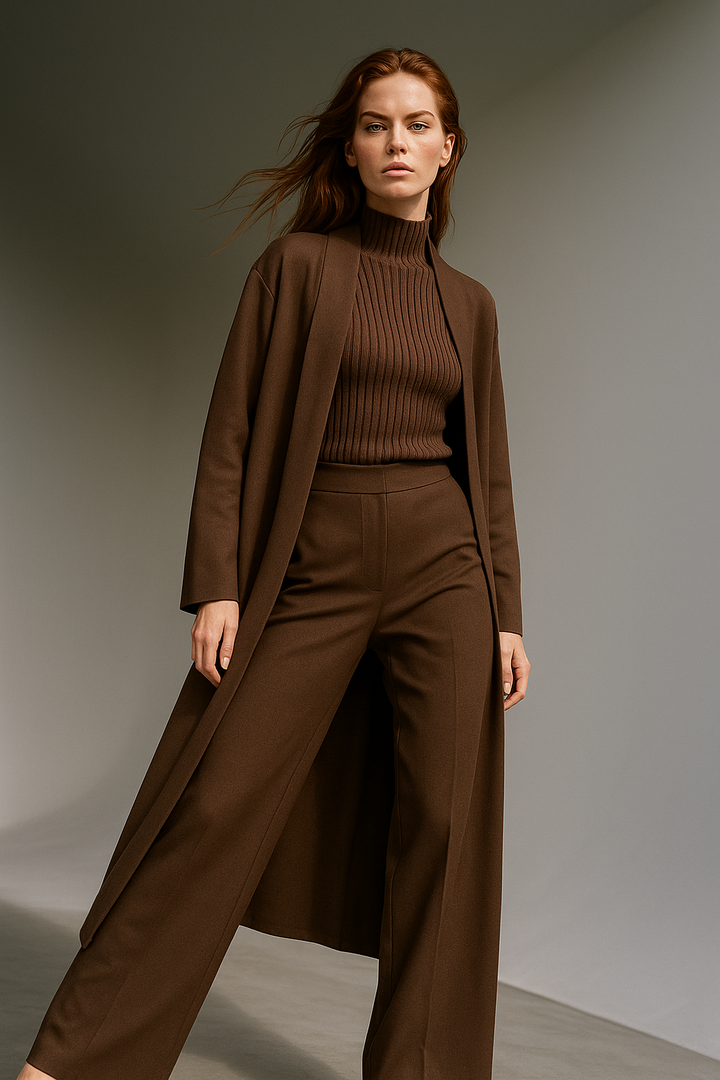 Three-Piece Knit Lounge Set with Ribbed High-Neck Sweater, Wide-Leg Pants, and Open Cardigan