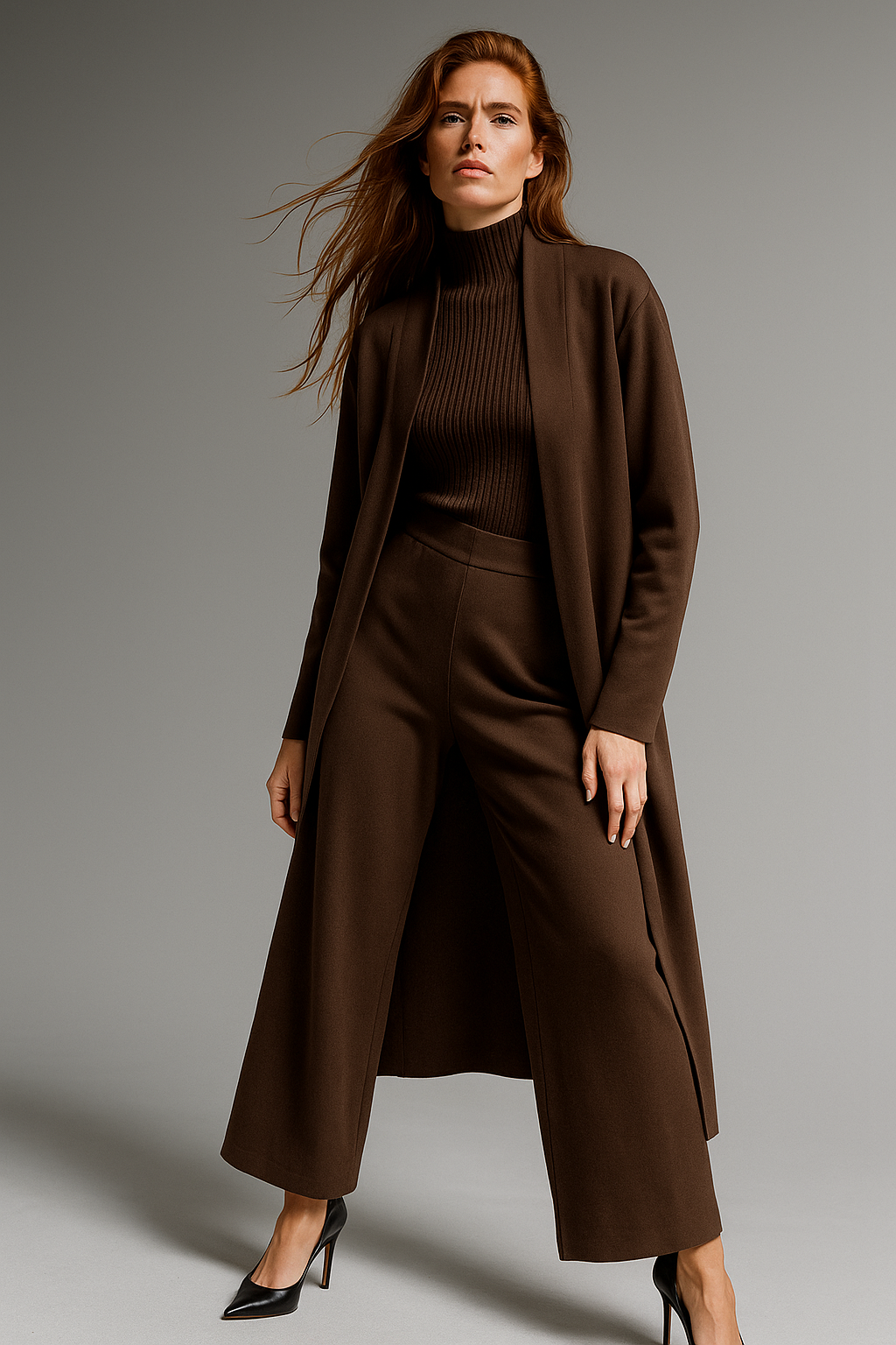 Three-Piece Knit Lounge Set with Ribbed High-Neck Sweater, Wide-Leg Pants, and Open Cardigan