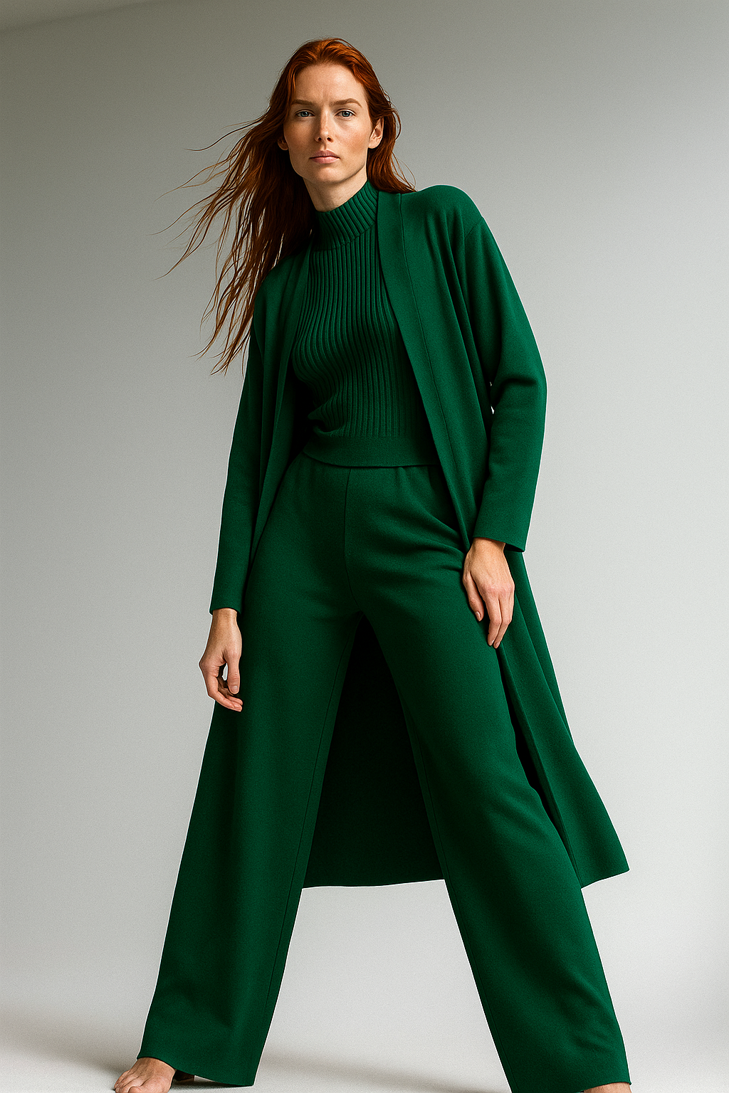 Three-Piece Knit Lounge Set with Ribbed High-Neck Sweater, Wide-Leg Pants, and Open Cardigan