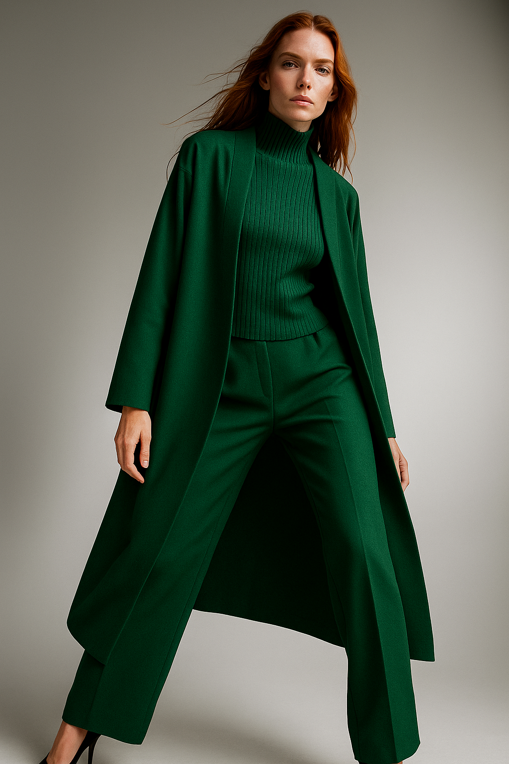 Three-Piece Knit Lounge Set with Ribbed High-Neck Sweater, Wide-Leg Pants, and Open Cardigan