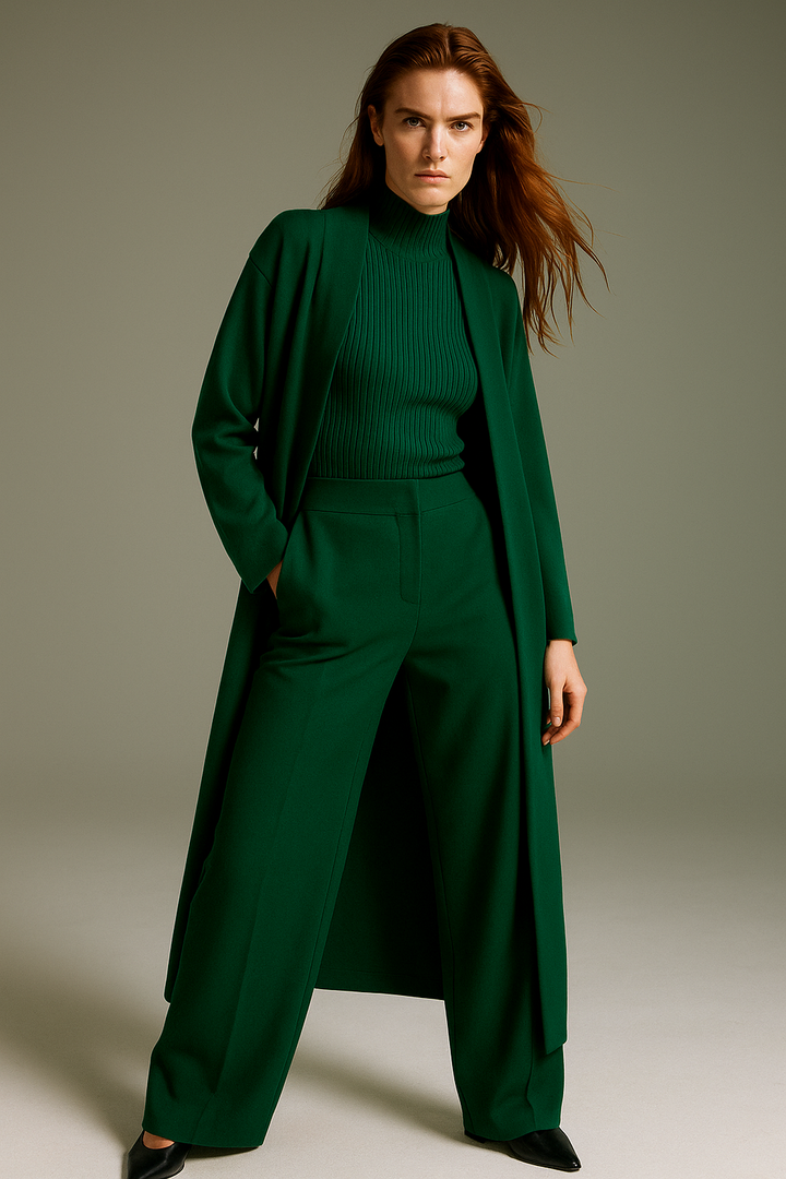 Three-Piece Knit Lounge Set with Ribbed High-Neck Sweater, Wide-Leg Pants, and Open Cardigan