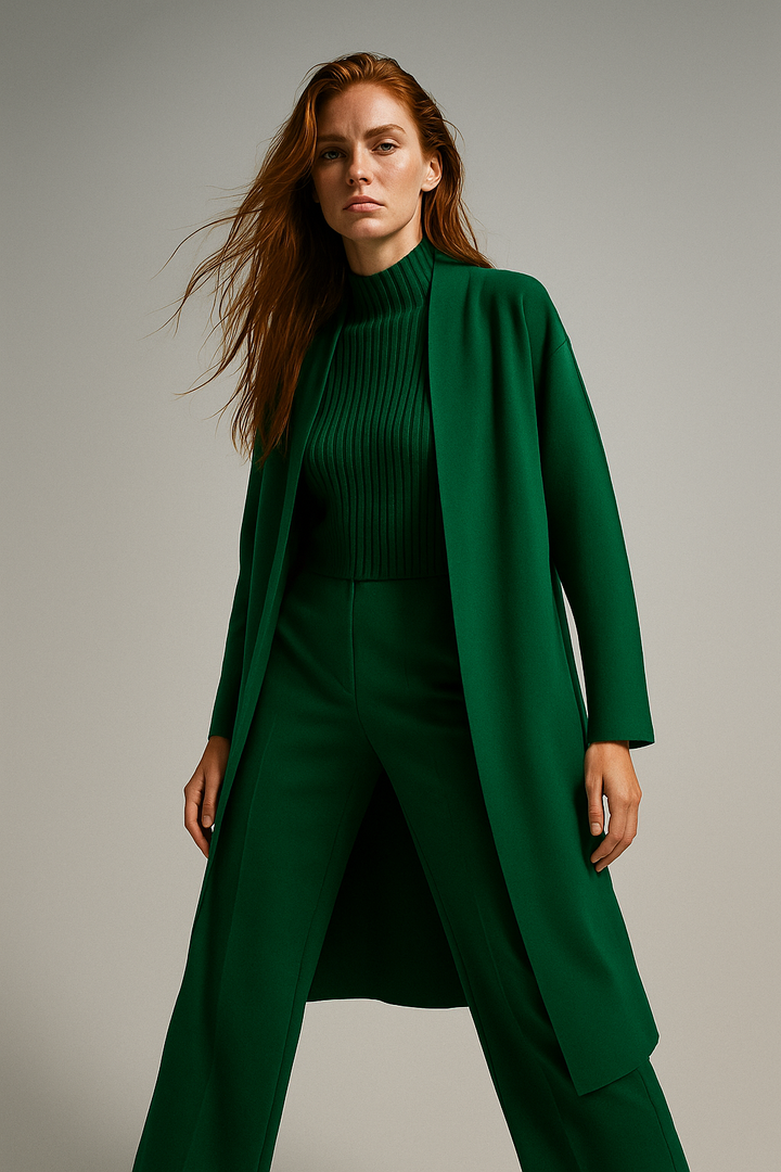 Three-Piece Knit Lounge Set with Ribbed High-Neck Sweater, Wide-Leg Pants, and Open Cardigan