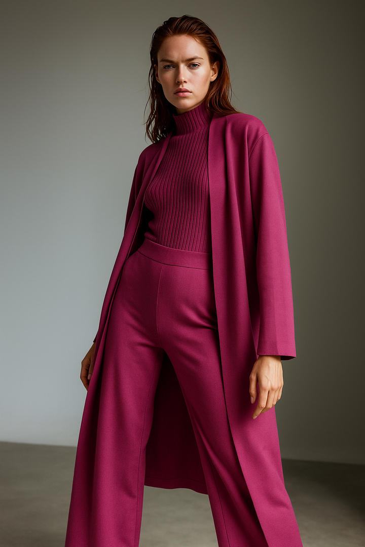 Three-Piece Knit Lounge Set with Ribbed High-Neck Sweater, Wide-Leg Pants, and Open Cardigan