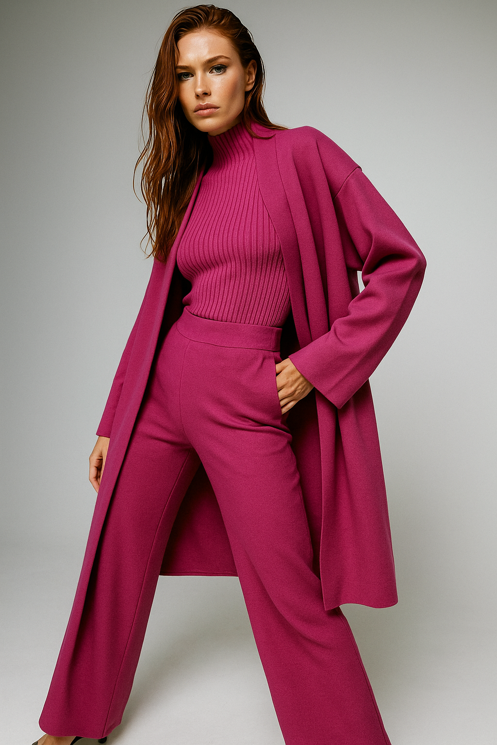 Three-Piece Knit Lounge Set with Ribbed High-Neck Sweater, Wide-Leg Pants, and Open Cardigan