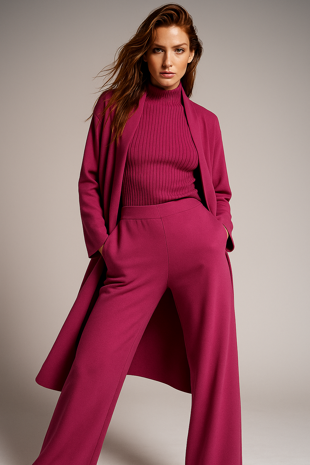 Three-Piece Knit Lounge Set with Ribbed High-Neck Sweater, Wide-Leg Pants, and Open Cardigan