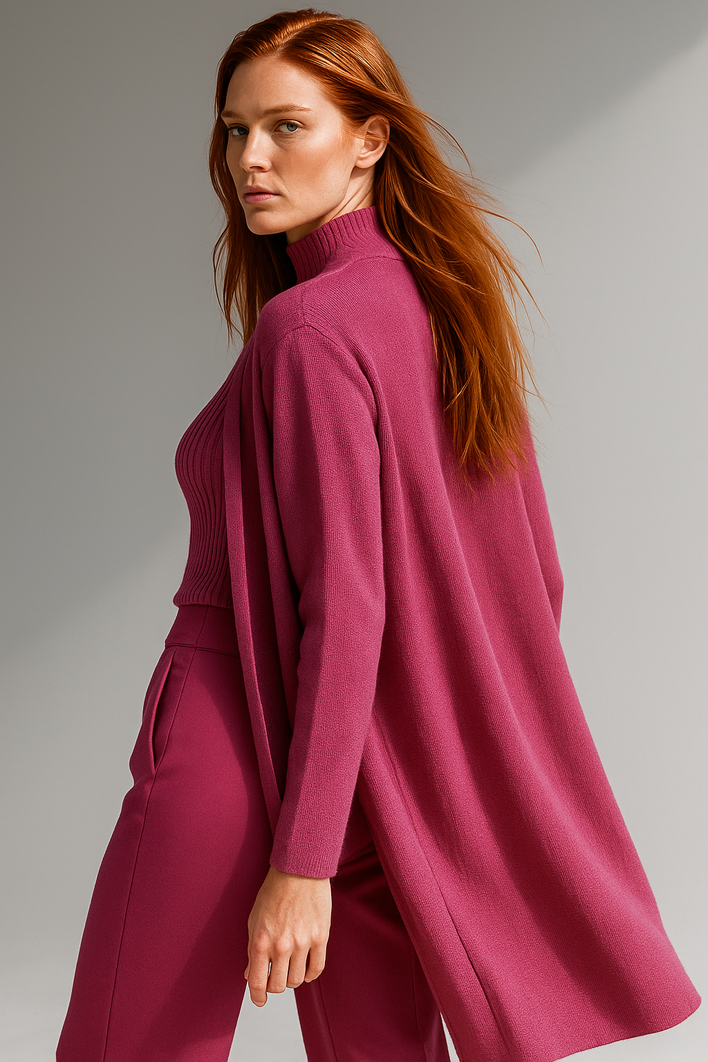 Three-Piece Knit Lounge Set with Ribbed High-Neck Sweater, Wide-Leg Pants, and Open Cardigan