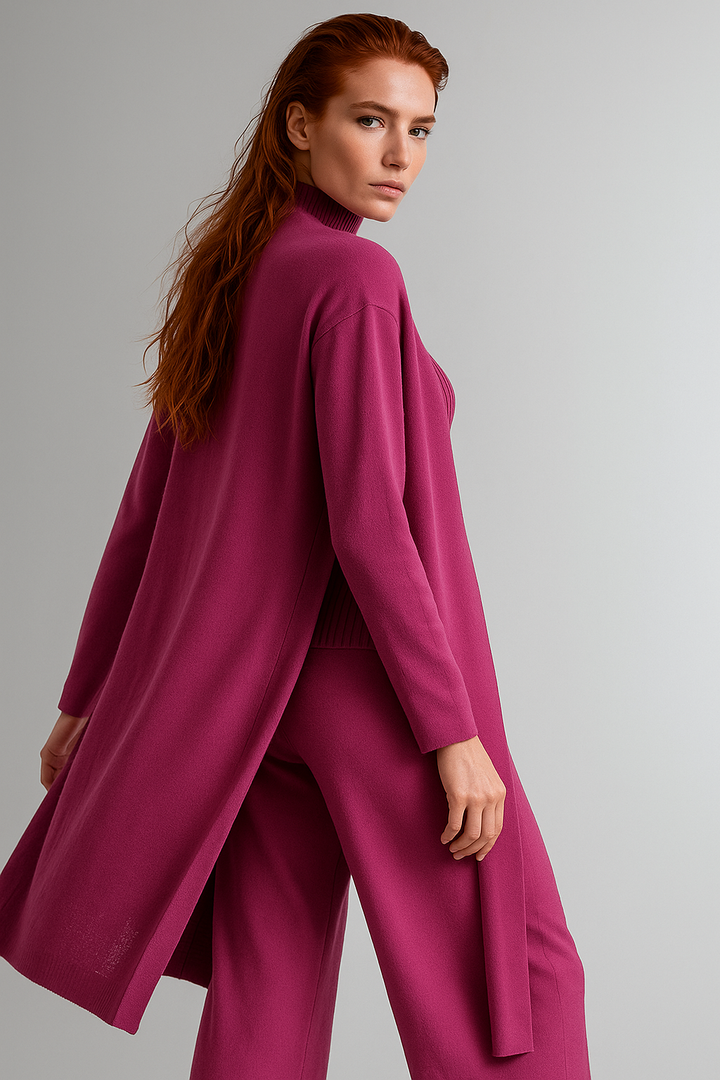 Three-Piece Knit Lounge Set with Ribbed High-Neck Sweater, Wide-Leg Pants, and Open Cardigan