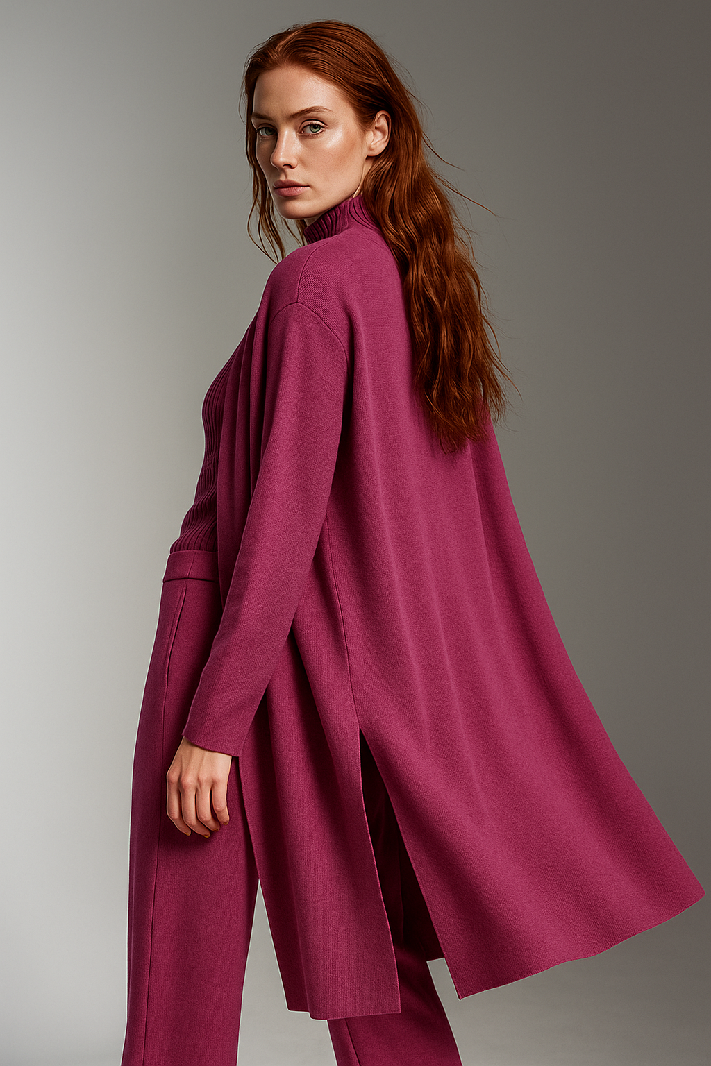 Three-Piece Knit Lounge Set with Ribbed High-Neck Sweater, Wide-Leg Pants, and Open Cardigan