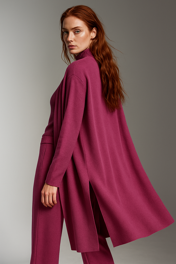 Three-Piece Knit Lounge Set with Ribbed High-Neck Sweater, Wide-Leg Pants, and Open Cardigan