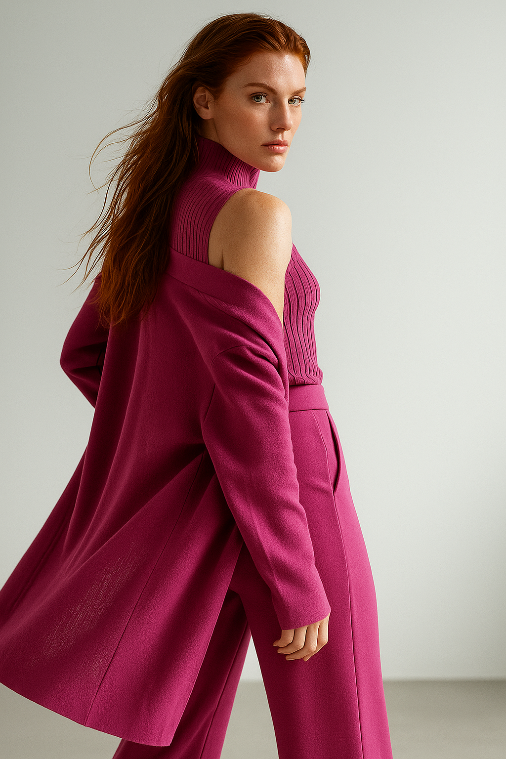 Three-Piece Knit Lounge Set with Ribbed High-Neck Sweater, Wide-Leg Pants, and Open Cardigan