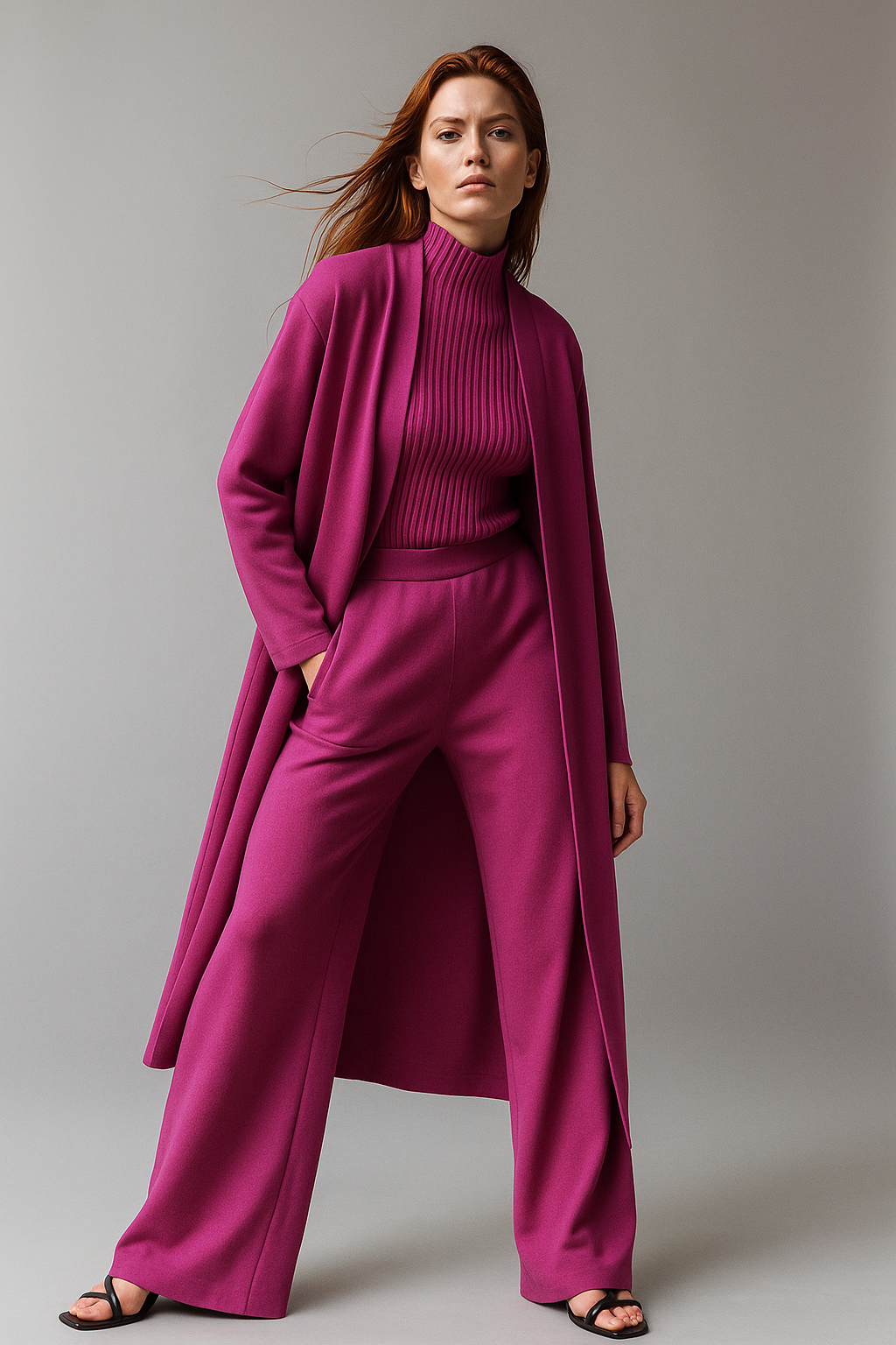 Three-Piece Knit Lounge Set with Ribbed High-Neck Sweater, Wide-Leg Pants, and Open Cardigan