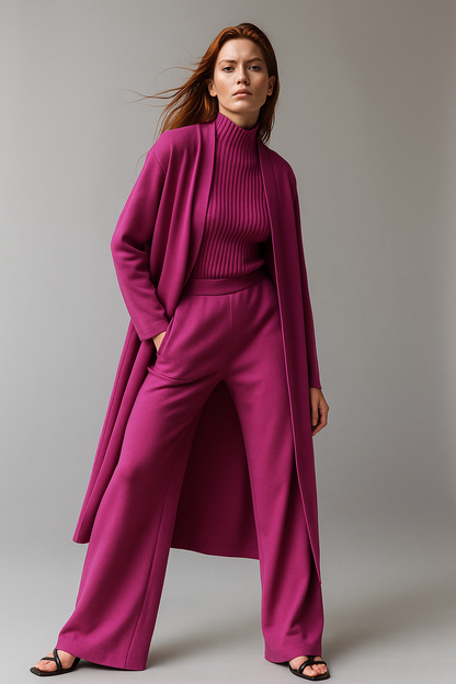 Three-Piece Knit Lounge Set with Ribbed High-Neck Sweater, Wide-Leg Pants, and Open Cardigan