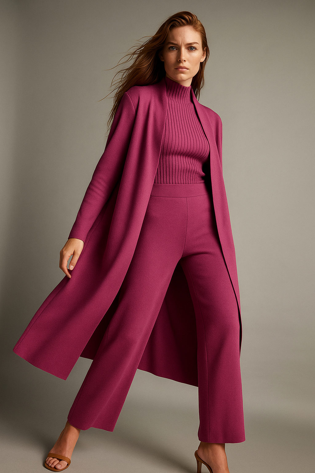 Three-Piece Knit Lounge Set with Ribbed High-Neck Sweater, Wide-Leg Pants, and Open Cardigan