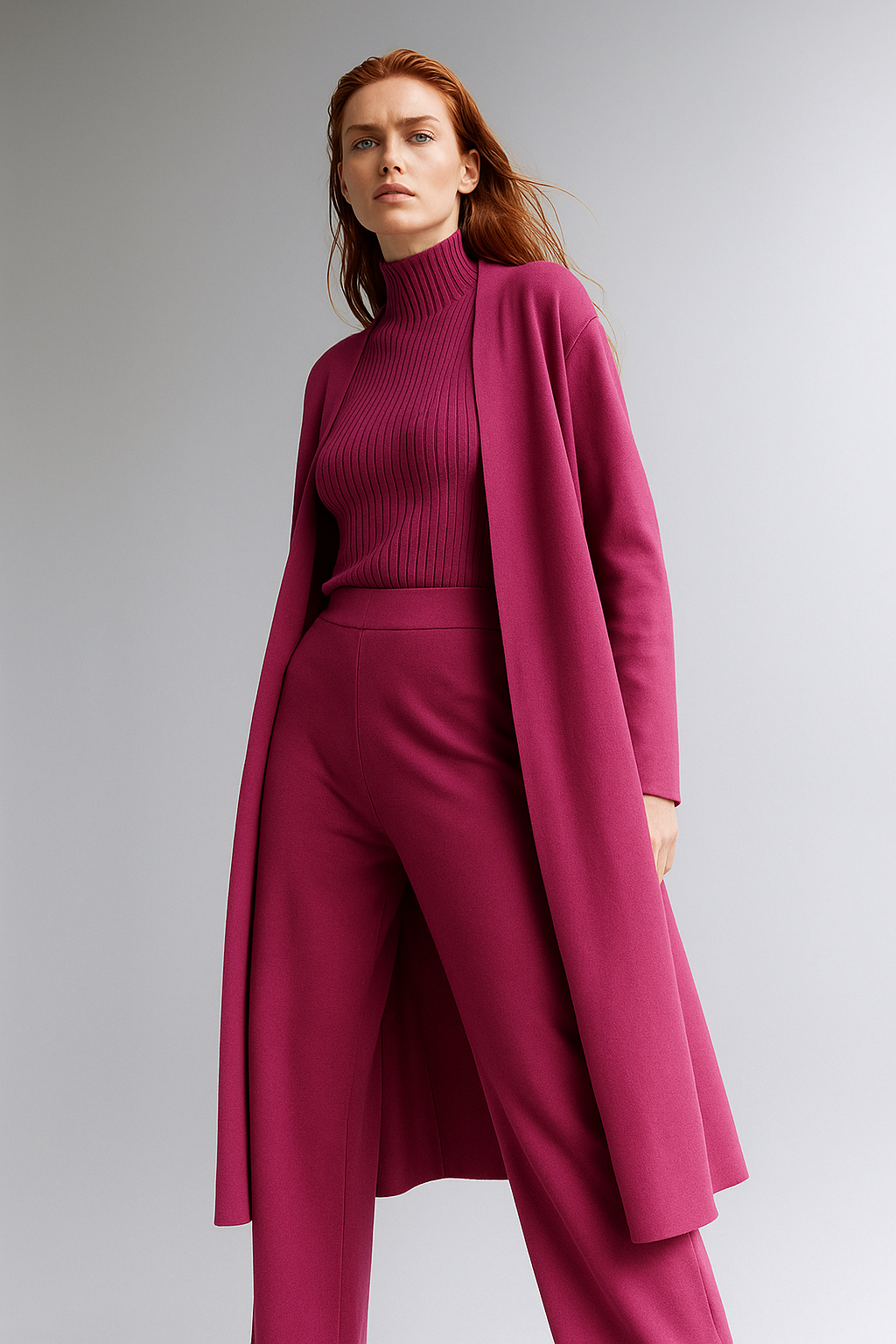Three-Piece Knit Lounge Set with Ribbed High-Neck Sweater, Wide-Leg Pants, and Open Cardigan