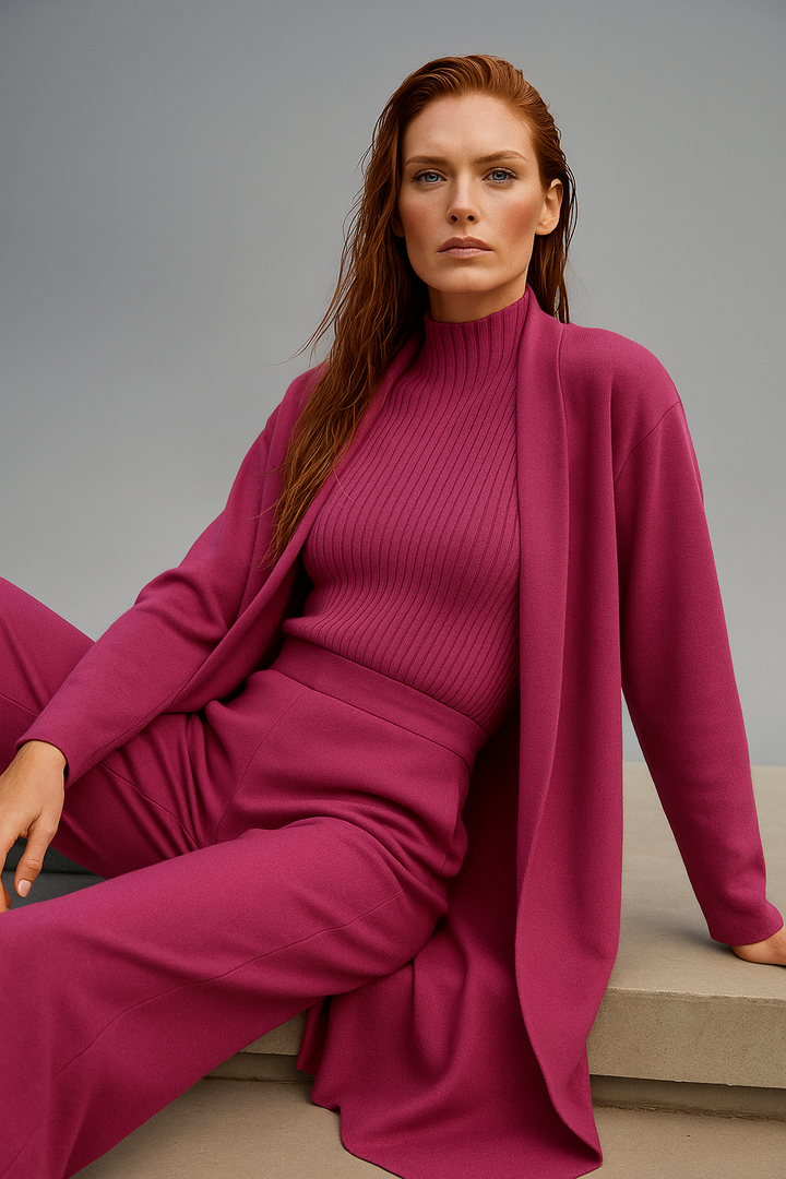 Three-Piece Knit Lounge Set with Ribbed High-Neck Sweater, Wide-Leg Pants, and Open Cardigan
