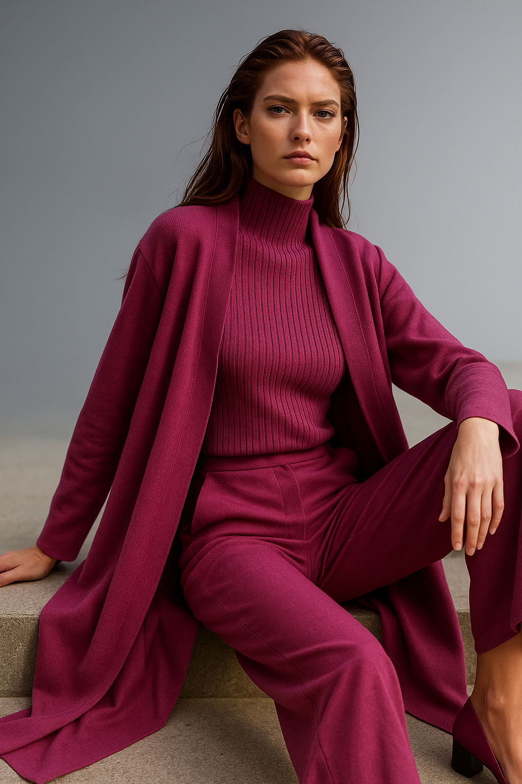 Three-Piece Knit Lounge Set with Ribbed High-Neck Sweater, Wide-Leg Pants, and Open Cardigan