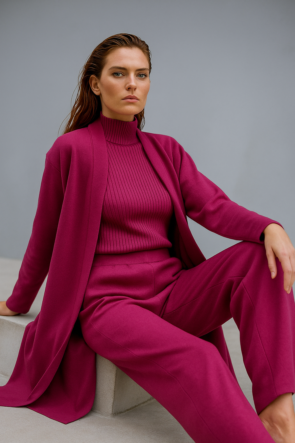 Three-Piece Knit Lounge Set with Ribbed High-Neck Sweater, Wide-Leg Pants, and Open Cardigan