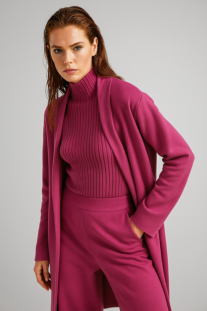 Three-Piece Knit Lounge Set with Ribbed High-Neck Sweater, Wide-Leg Pants, and Open Cardigan