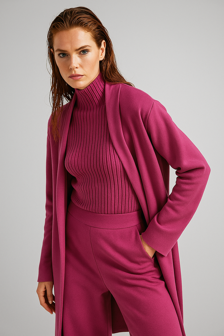Three-Piece Knit Lounge Set with Ribbed High-Neck Sweater, Wide-Leg Pants, and Open Cardigan