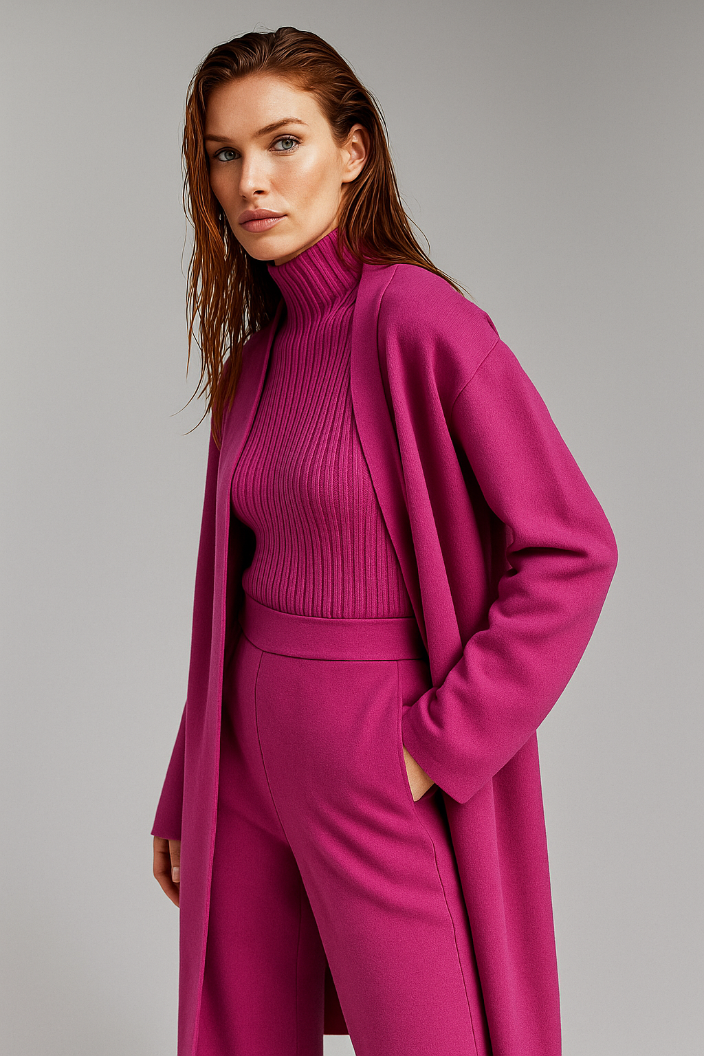 Three-Piece Knit Lounge Set with Ribbed High-Neck Sweater, Wide-Leg Pants, and Open Cardigan