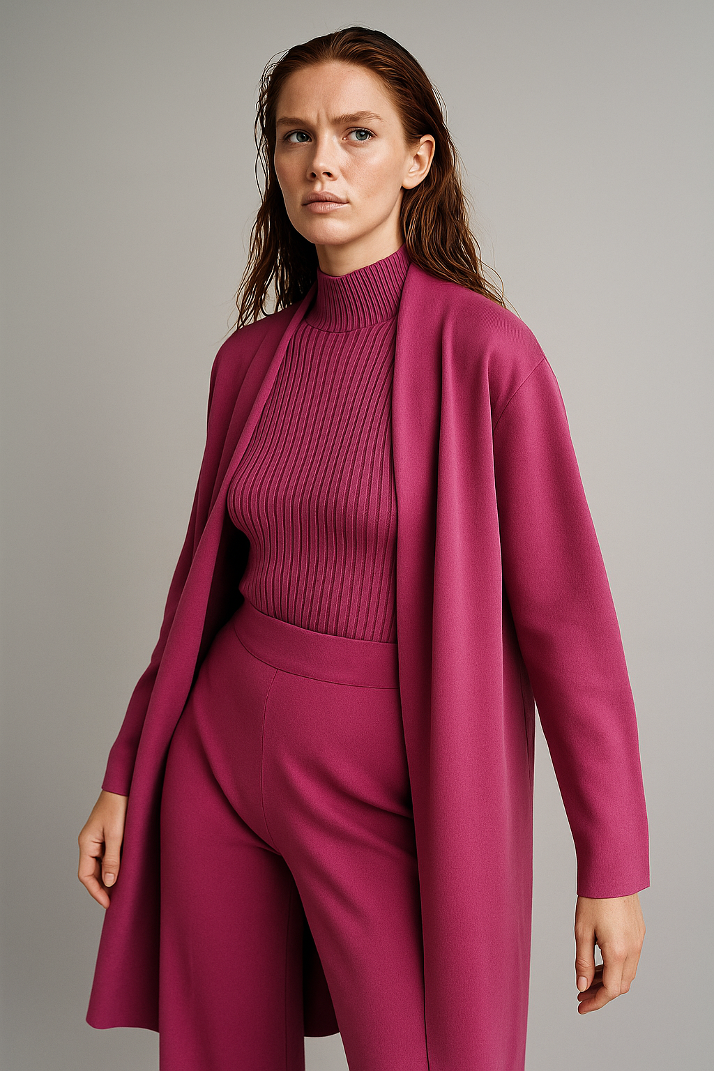 Three-Piece Knit Lounge Set with Ribbed High-Neck Sweater, Wide-Leg Pants, and Open Cardigan