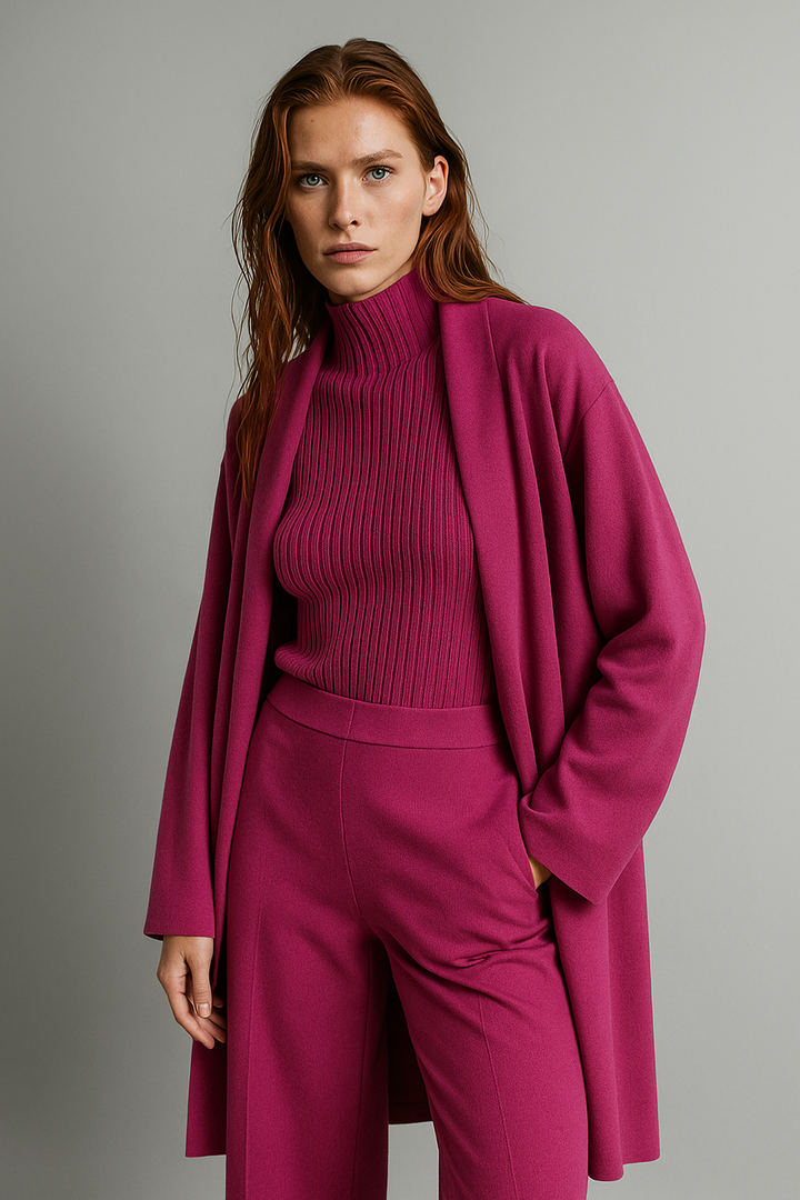 Three-Piece Knit Lounge Set with Ribbed High-Neck Sweater, Wide-Leg Pants, and Open Cardigan