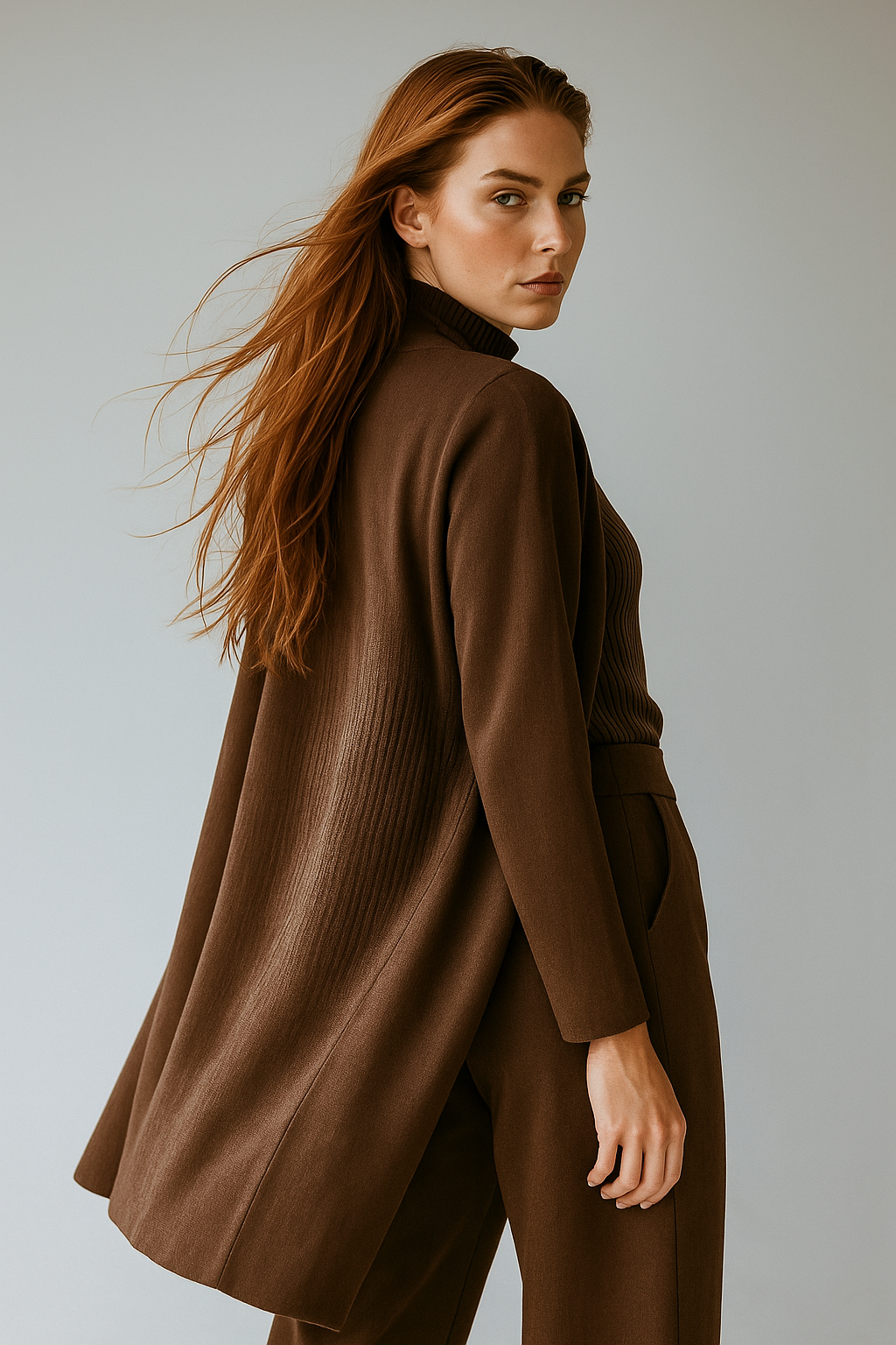 Three-Piece Knit Lounge Set with Ribbed High-Neck Sweater, Wide-Leg Pants, and Open Cardigan