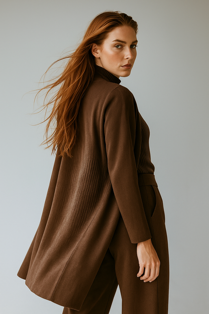 Three-Piece Knit Lounge Set with Ribbed High-Neck Sweater, Wide-Leg Pants, and Open Cardigan
