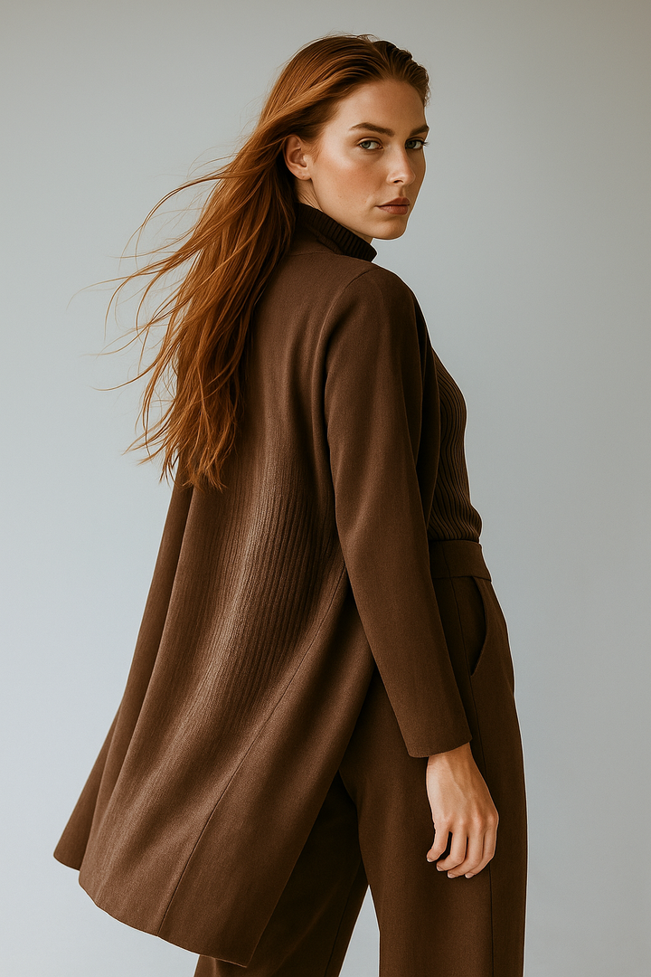 Three-Piece Knit Lounge Set with Ribbed High-Neck Sweater, Wide-Leg Pants, and Open Cardigan