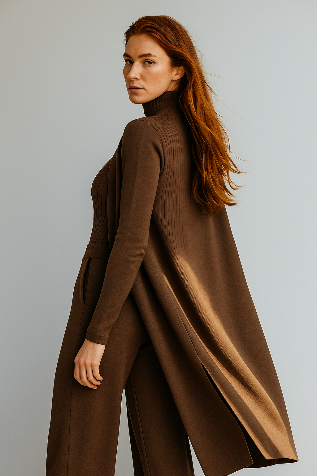 Three-Piece Knit Lounge Set with Ribbed High-Neck Sweater, Wide-Leg Pants, and Open Cardigan