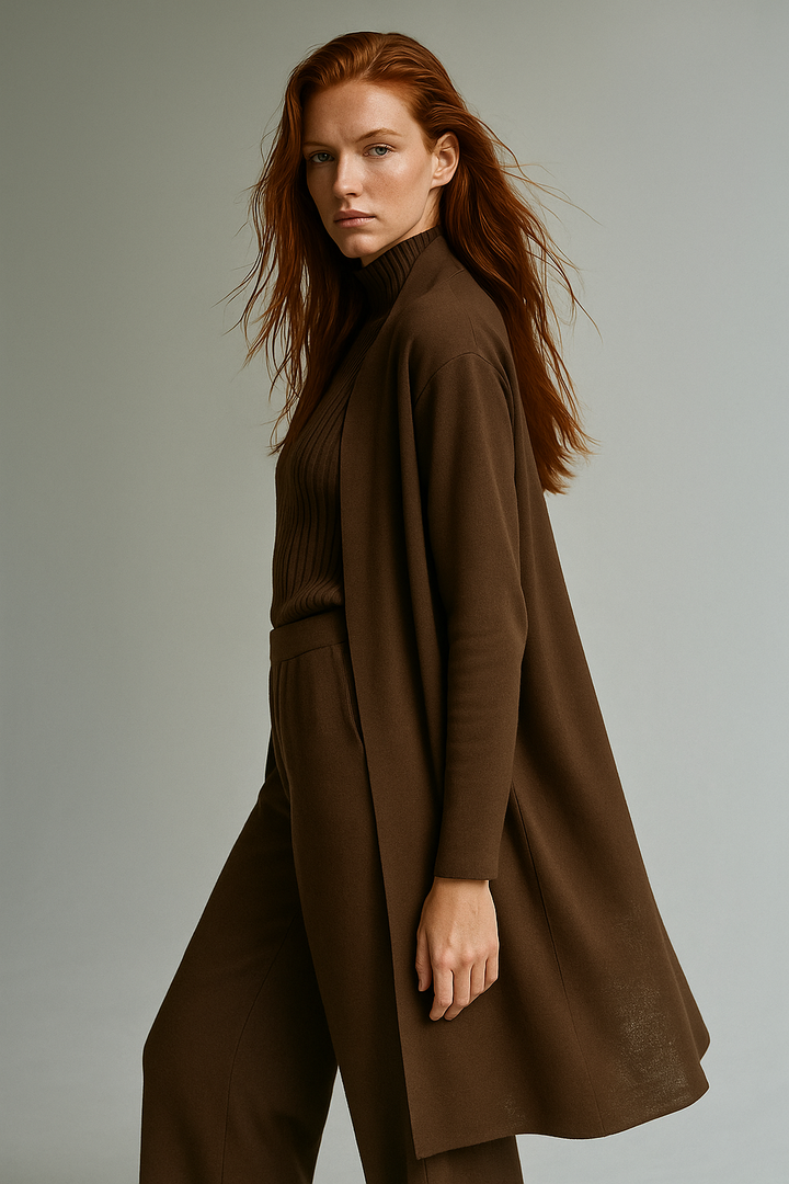 Three-Piece Knit Lounge Set with Ribbed High-Neck Sweater, Wide-Leg Pants, and Open Cardigan