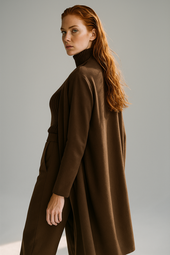 Three-Piece Knit Lounge Set with Ribbed High-Neck Sweater, Wide-Leg Pants, and Open Cardigan