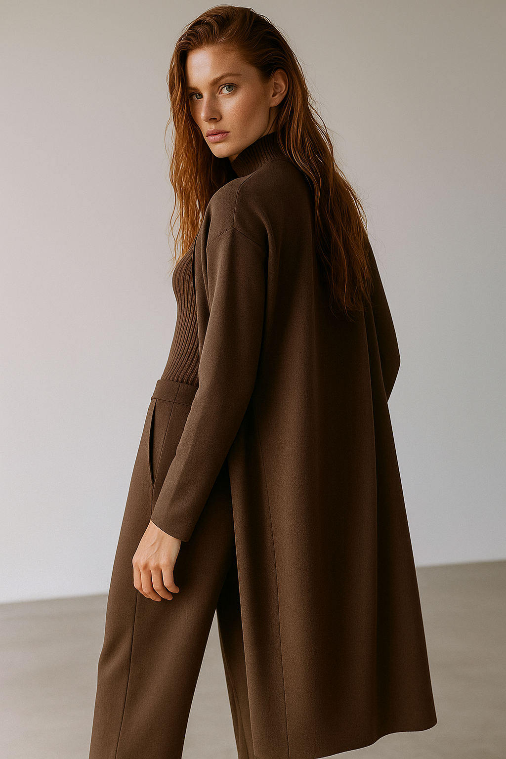 Three-Piece Knit Lounge Set with Ribbed High-Neck Sweater, Wide-Leg Pants, and Open Cardigan