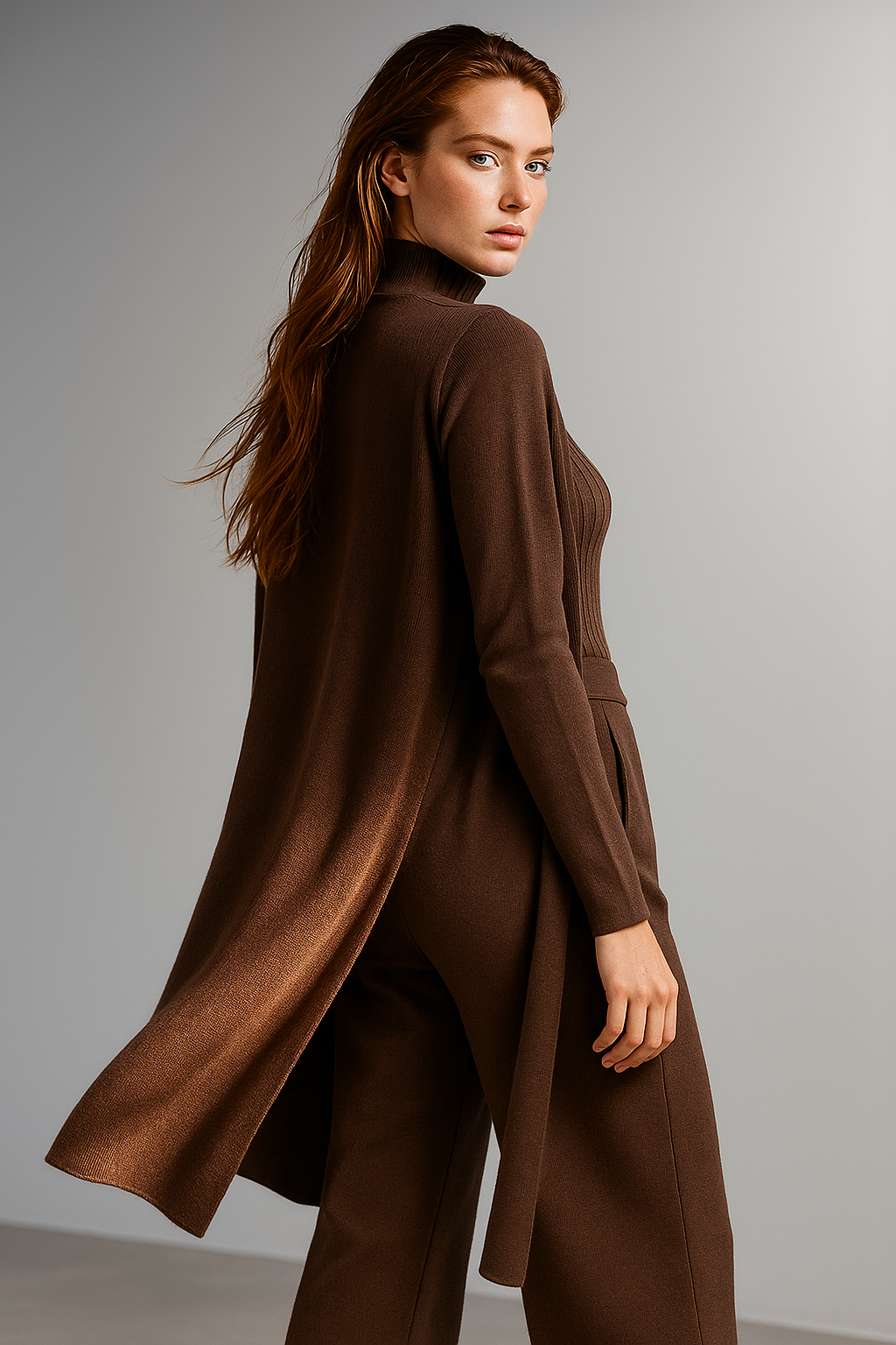 Three-Piece Knit Lounge Set with Ribbed High-Neck Sweater, Wide-Leg Pants, and Open Cardigan