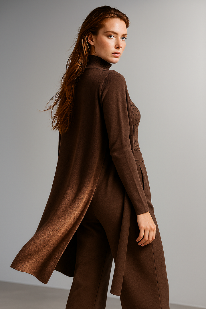 Three-Piece Knit Lounge Set with Ribbed High-Neck Sweater, Wide-Leg Pants, and Open Cardigan