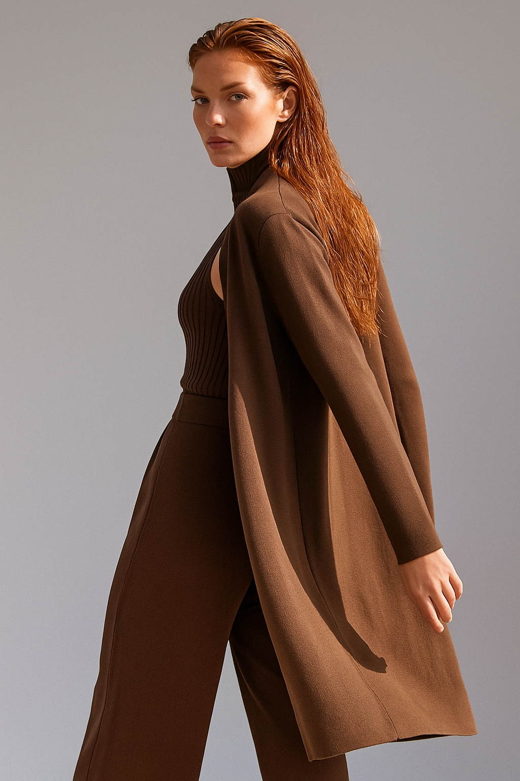Three-Piece Knit Lounge Set with Ribbed High-Neck Sweater, Wide-Leg Pants, and Open Cardigan