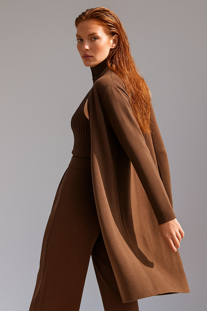 Three-Piece Knit Lounge Set with Ribbed High-Neck Sweater, Wide-Leg Pants, and Open Cardigan