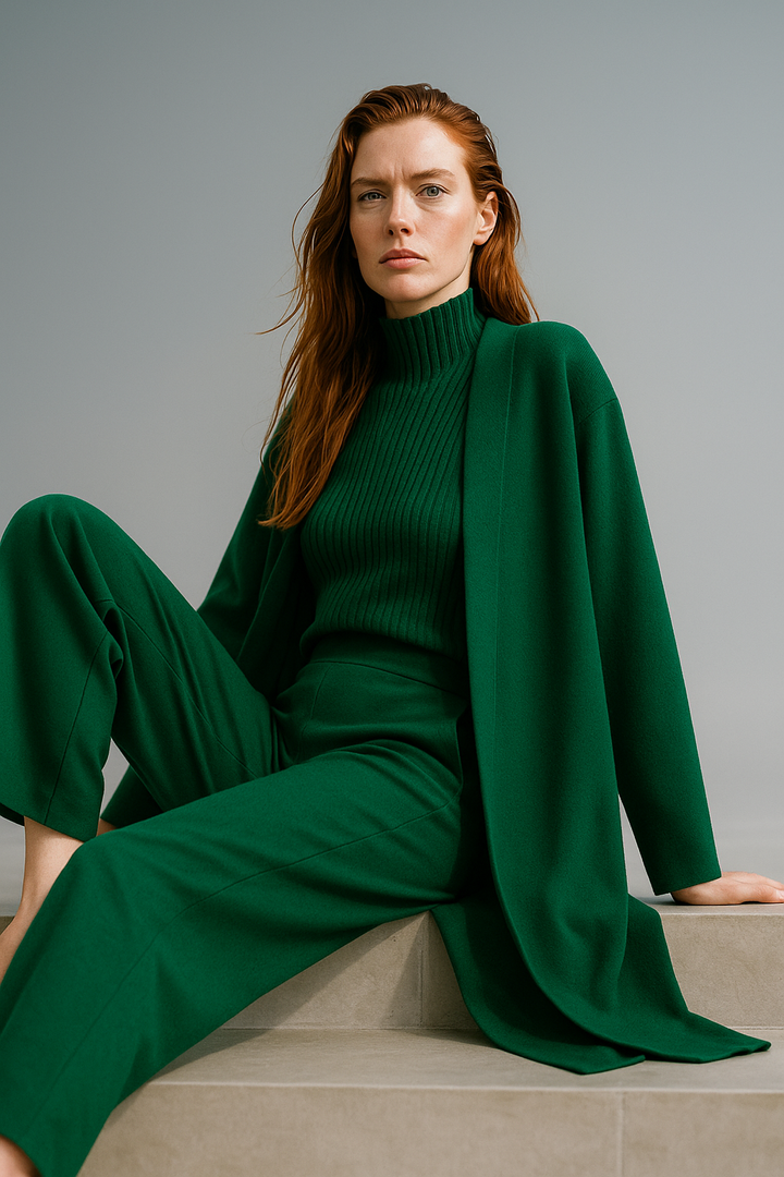 Three-Piece Knit Lounge Set with Ribbed High-Neck Sweater, Wide-Leg Pants, and Open Cardigan