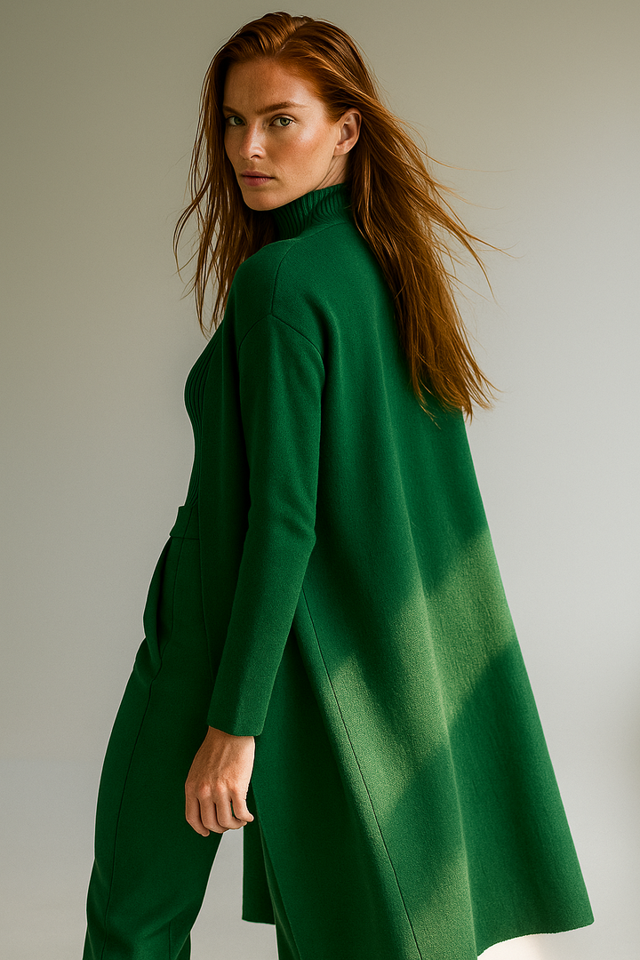 Three-Piece Knit Lounge Set with Ribbed High-Neck Sweater, Wide-Leg Pants, and Open Cardigan