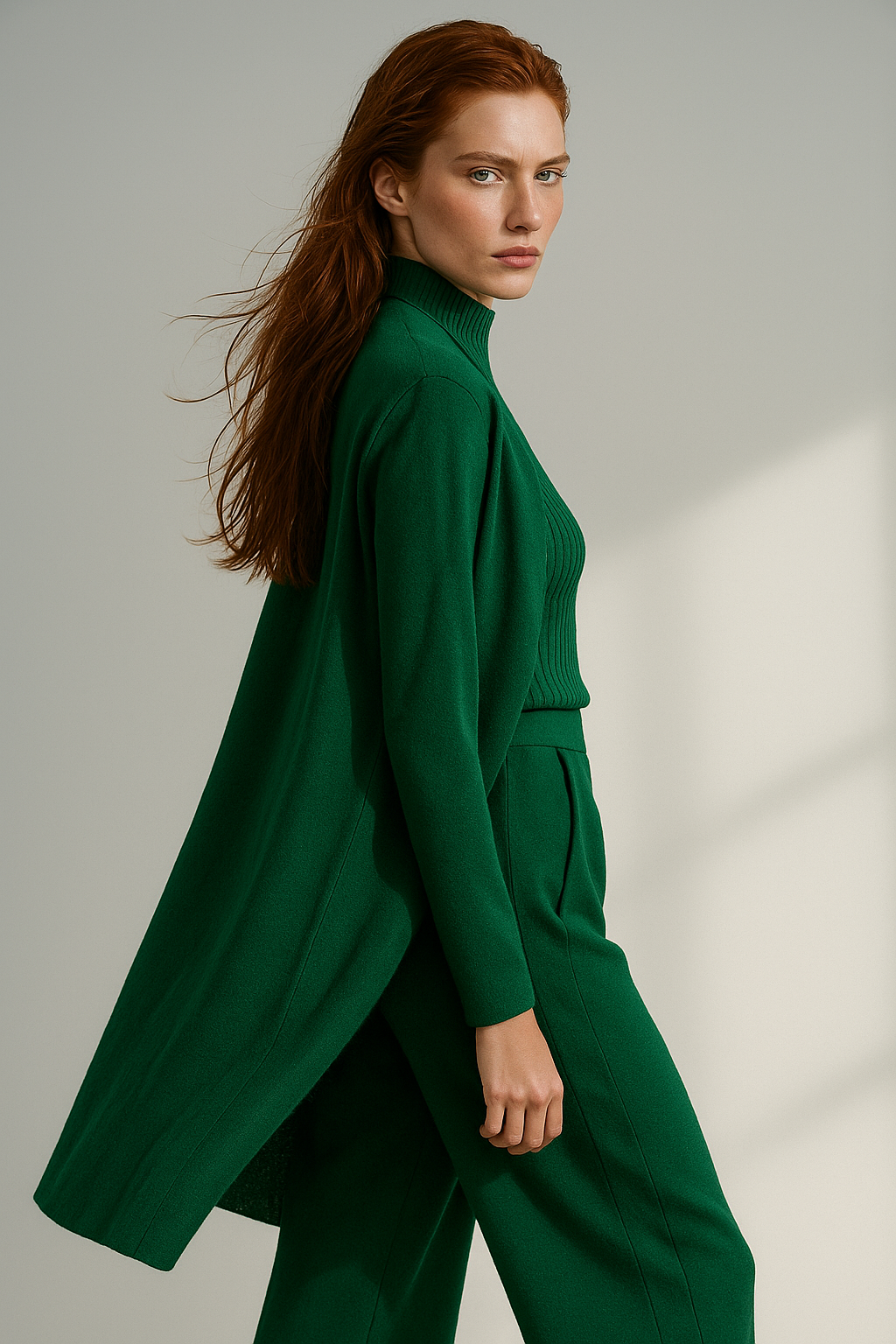 Three-Piece Knit Lounge Set with Ribbed High-Neck Sweater, Wide-Leg Pants, and Open Cardigan
