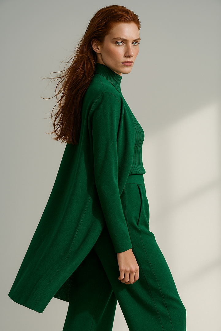 Three-Piece Knit Lounge Set with Ribbed High-Neck Sweater, Wide-Leg Pants, and Open Cardigan