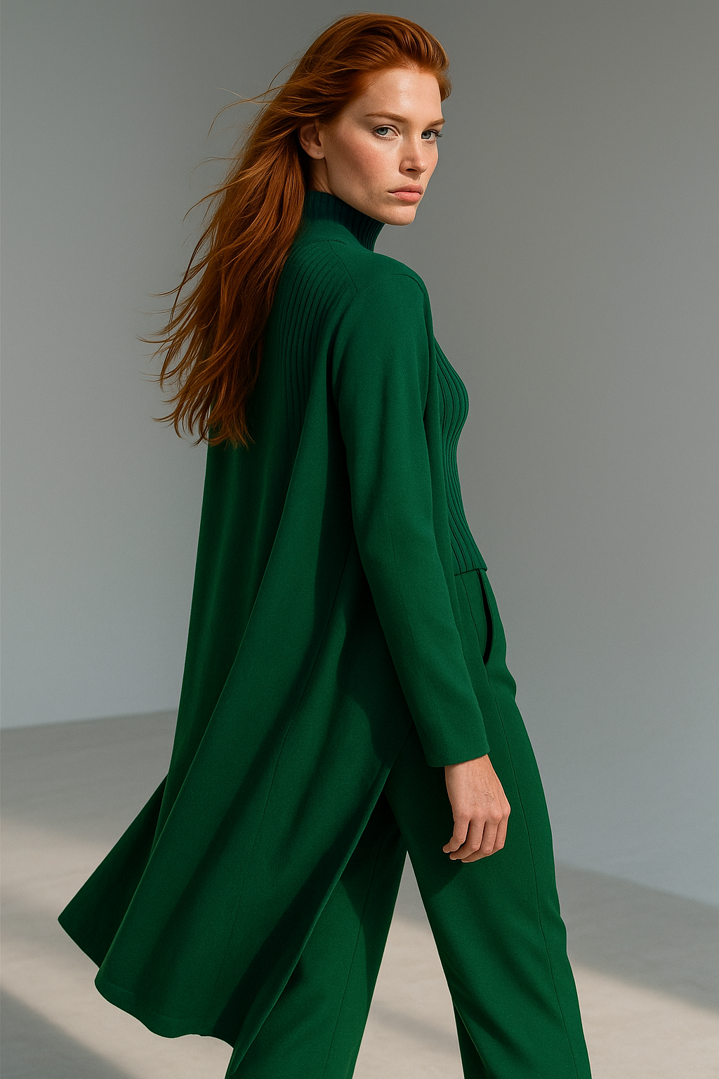 Three-Piece Knit Lounge Set with Ribbed High-Neck Sweater, Wide-Leg Pants, and Open Cardigan